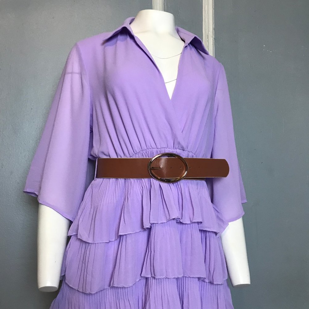🍀 ZARA PLEATED RUFFLED LILAC DRESS WITH BELT_7